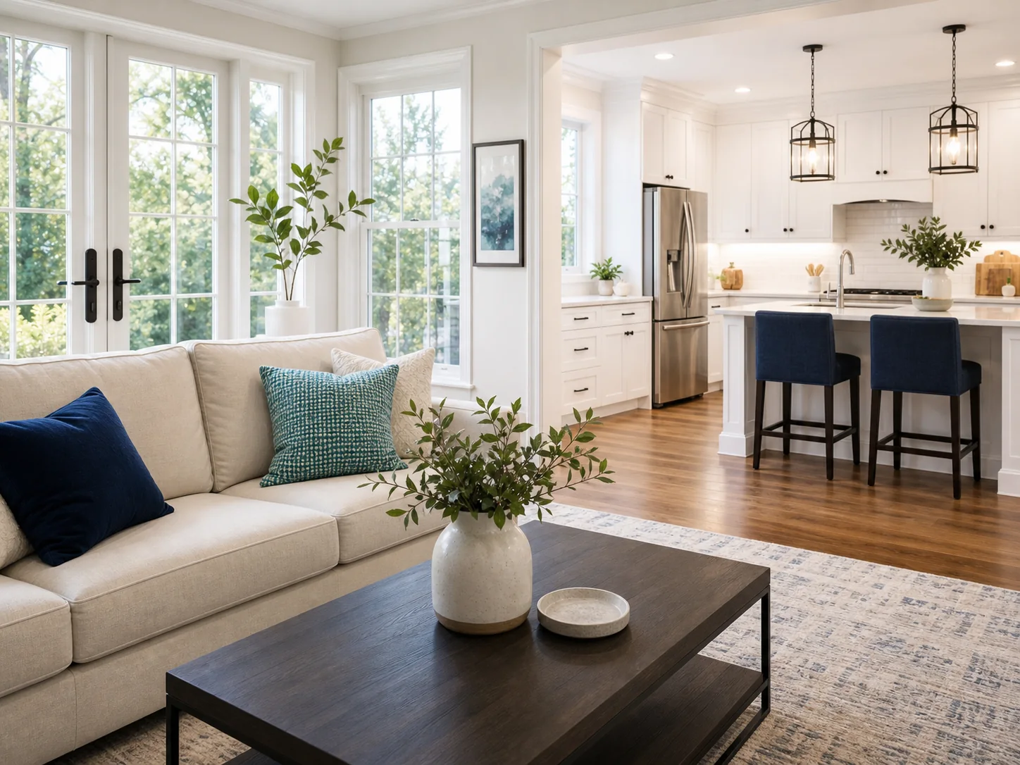 Bright, freshly cleaned living room opening into a tidy kitchen